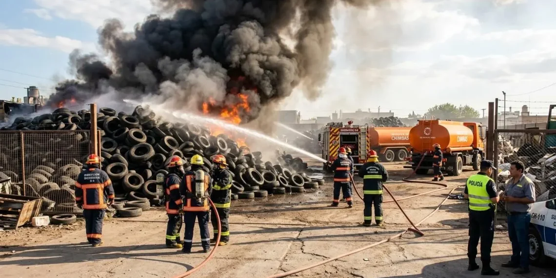 Incendio en planta de trasbordo de Chimbas: Rápida intervención de Bomberos evitó daños mayores