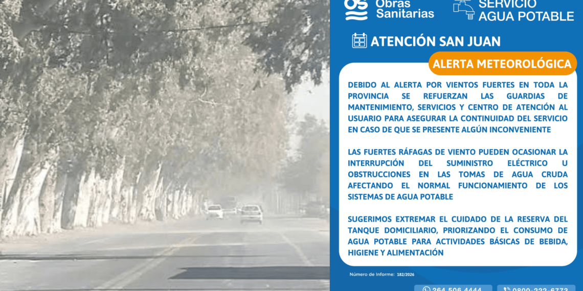 Alerta por fuertes vientos en San Juan: advierten sobre una posible disminución en el servicio de agua potable