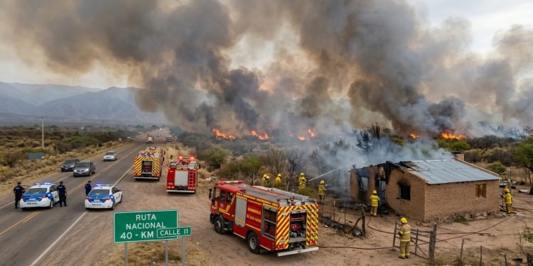 Incendio de gran magnitud en inmediaciones de Calle 11 y Ruta 40: bomberos combaten el fuego
