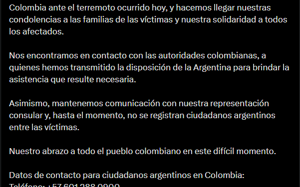 El Gobierno argentino ofreció asistencia a Colombia tras el devastador terremoto y habilitó canales de emergencia