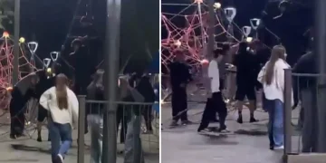 Indignación vecinal en Santa Lucía: registraron a un grupo de adolescentes usando mal los juegos infantiles de la plaza